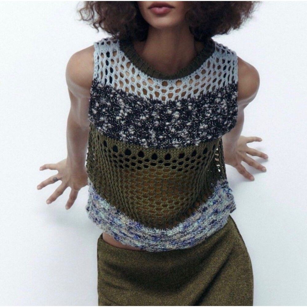 Zara Multi Color Open Knit Sweater Womens Medium Crochet Mesh Sleeveless Top‎